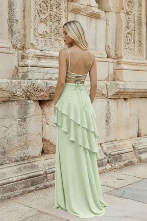 KissProm-Sage Green Sheath Spaghetti Straps Chiffon Long Prom Dresses with Ruffles
