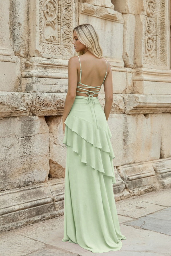 KissProm-Sage Green Sheath Spaghetti Straps Chiffon Long Prom Dresses with Ruffles