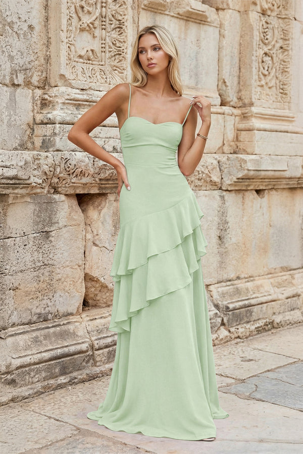 KissProm-Sage Green Sheath Spaghetti Straps Chiffon Long Prom Dresses with Ruffles