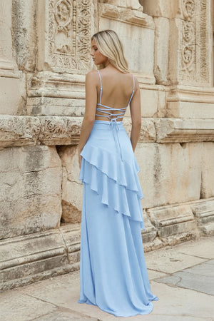 KissProm-Sky Blue Sheath Spaghetti Straps Chiffon Long Prom Dresses with Ruffles