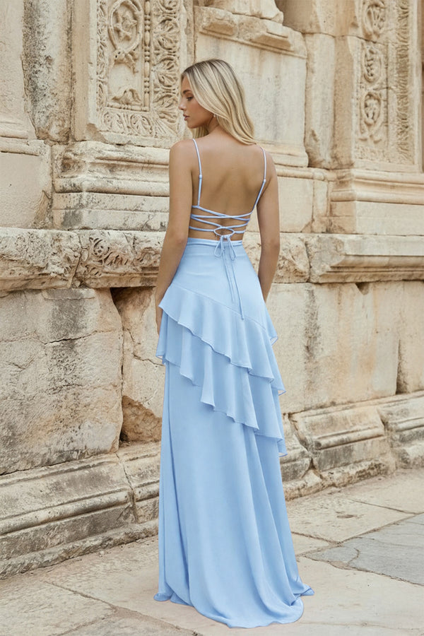 KissProm-Sky Blue Sheath Spaghetti Straps Chiffon Long Prom Dresses with Ruffles