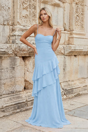 KissProm-Sky Blue Sheath Spaghetti Straps Chiffon Long Prom Dresses with Ruffles