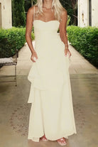 Posie | Yellow - Sheath Spaghetti Straps Chiffon Long Prom Dresses with Ruffles - KissProm