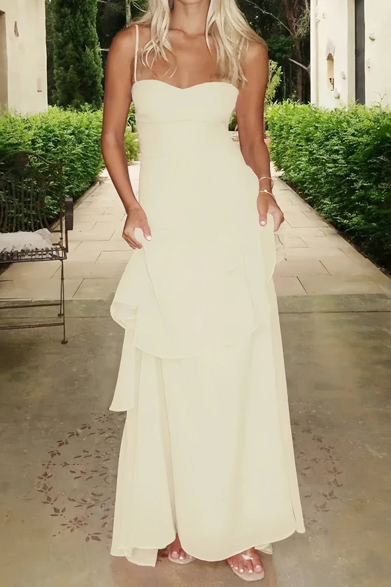 Posie | Yellow - Sheath Spaghetti Straps Chiffon Long Prom Dresses with Ruffles - KissProm