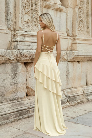 KissProm-Yellow Sheath Spaghetti Straps Chiffon Long Prom Dresses with Ruffles