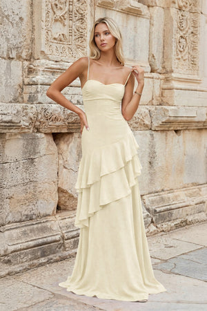 KissProm-Yellow Sheath Spaghetti Straps Chiffon Long Prom Dresses with Ruffles
