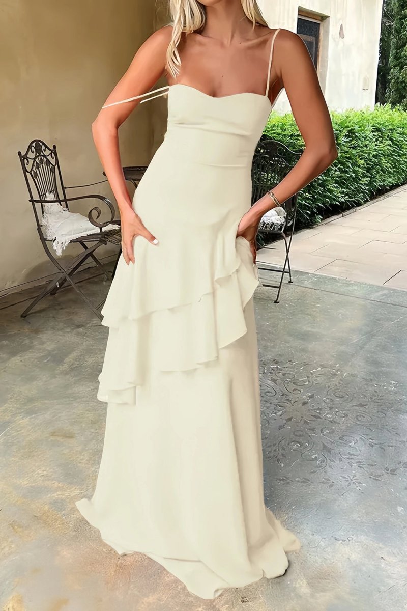 Posie | Yellow - Sheath Spaghetti Straps Chiffon Long Prom Dresses with Ruffles - KissProm