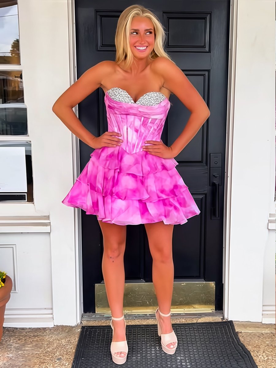 Praelia | Fuchsia - Strapless A Line Chiffon Tiered Homecoming Dress With Beading