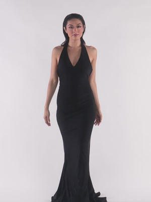 KissProm video of black halter mermaid sweep train dress for prom  , showing fit, movement and design details