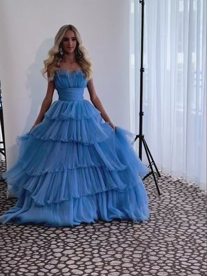 KissProm video of blue strapless A-line sweep train dress for prom, showing fit, movement and design details