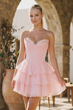 Blush A-Line Sweetheart Corset Ruffle Homecoming & Cocktail Dresses With Applique - KissProm