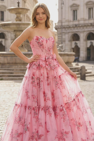 Pink Sweetheart Chiffon A Line Floral Tiered Prom Dress With Bow