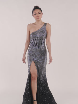 KissProm video of black one-shoulder sheath sweep train prom dress, showing fit, movement and design details
