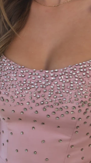 Pink Scoop Neck Satin Short Strapless Homecoming Dress With Bows