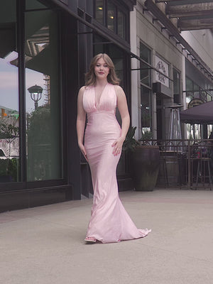 KissProm video of blush pink V-neck mermaid sweep-train prom dress, showing fit, movement and design details