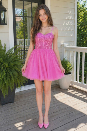 KissProm video of hot pink sweetheart a-line mini dress for homecoming, showing fit, movement and design details