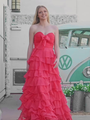 KissProm video of coral pink sweetheart a-line sweep train prom dress, showing fit, movement and design details
