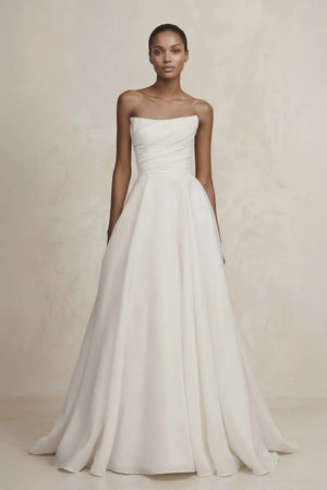 KissProm video of ivory strapless a-line sweep train wedding dress, showing fit, movement and design details