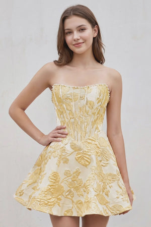 Yellow Pink Jacquard A-Line Strapless Corset Homecoming Dress With Pearl (3) | KISSPROM