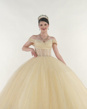 KissProm video of yellow off-the-shoulder ball gown sweep-train quinceanera dress, showing fit, movement and design details