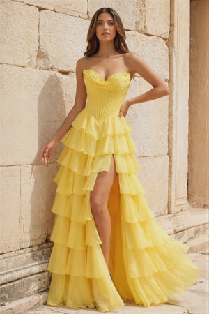 KissProm video of yellow sweetheart a-line maxi prom dress, showing fit, movement and design details
