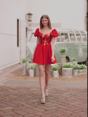 KissProm video of red V-neck A-line  short-mini  dress for homecoming, showing fit, movement and design details