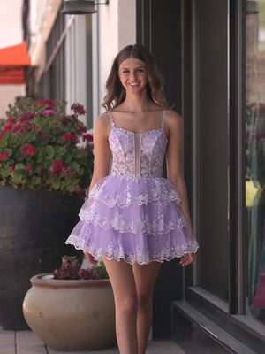 KissProm video of lavender scoop neck a-line mini dress for homecoming, showing fit, movement and design details
