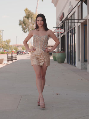 KissProm video of gold sweetheart sheath mini dress for homecoming, showing fit, movement and design details