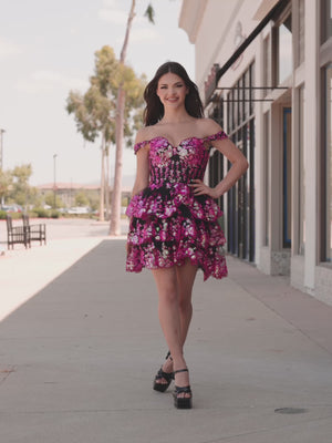 KissProm video of black pink off-the-shoulder sweetheart A-line short dress for homecoming, showing fit, movement and design details