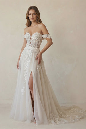 KissProm video of white and nude off-the-shoulder a-line court train wedding dress, showing fit, movement and design details