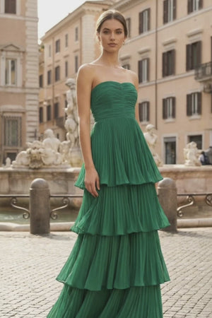 KissProm video of emerald green strapless a-line maxi ruffle multi-layer prom-dress, showing fit, movement and design details