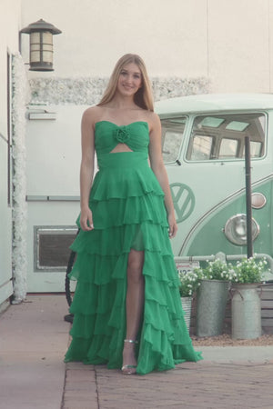 KissProm video of green sweetheart a-line maxi prom dress, showing fit, movement and design details