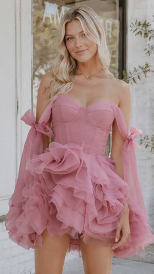 Rose Pink A Line Organza Ruffles Corset Homecoming Dresses with Bow Straps