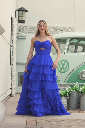 KissProm video of royal blue sweetheart a-line maxi prom dress, showing fit, movement and design details