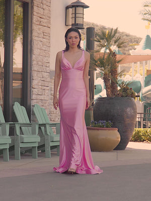 KissProm video of pink V-neck mermaid sweep-train prom dress, showing fit, movement and design details