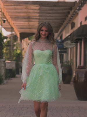 KissProm video of green high-Neck Illusion neckline A-line short dress for homecoming, showing fit, movement and design details