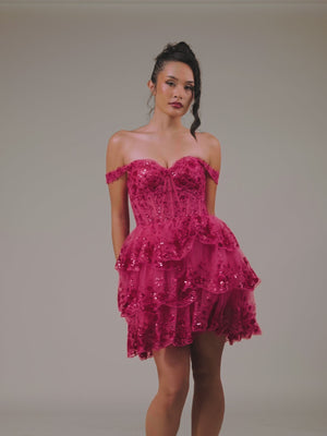 KissProm video of fuchsia off-the-shoulder a-line mini dress for homecoming, showing fit, movement and design details