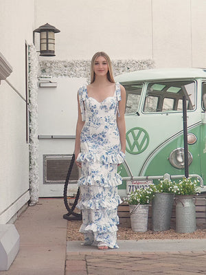 Blue Spaghetti Straps A Line Long Floral Prom Dress
