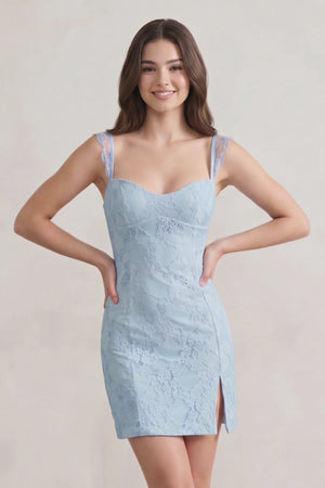 Sky Blue Spaghetti Straps Sheath Lace Short Homecoming Dress With Slit - KISSPROM