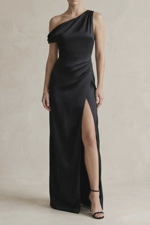 KissProm video of black one-shoulder sheath maxi bridesmaid dress , showing fit, movement and design details