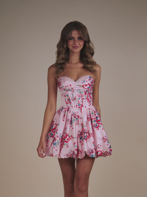 KissProm video of pink sweetheart a-line mini dress for homecoming, showing fit, movement and design details