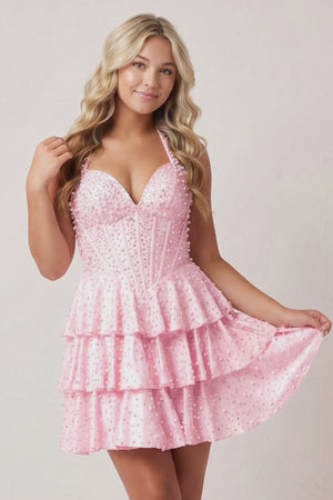Pink Halter Tiered Satin A-Line Corset Homecoming Dress With Pearl - KISSPROM