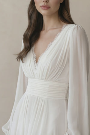 Long Sleeves Chiffon Wedding Dress With Slit in White - KissProm Wedding Dresses