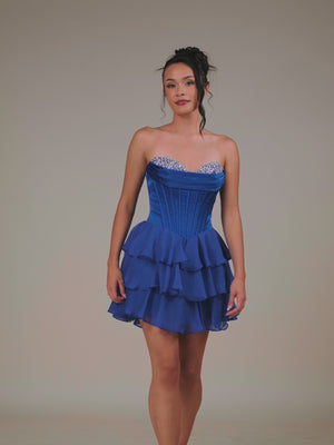 KissProm video of royal blue strapless A-line short dress for homecoming, showing fit, movement and design details