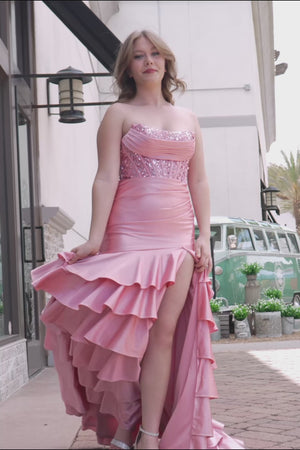 Charming Mermaid Strapless Pink Satin Long Prom Dresses with Appliques
