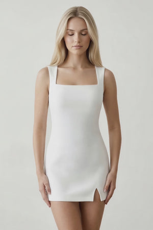 Square Neck White Satin Mini Graduation Dress with Slit