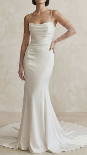 KissProm video of white scoop neck mermaid court train wedding dress, showing fit, movement and design details