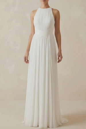Pleated Open Back Halter A - Line Wedding Dress - KissProm Wedding Dresses