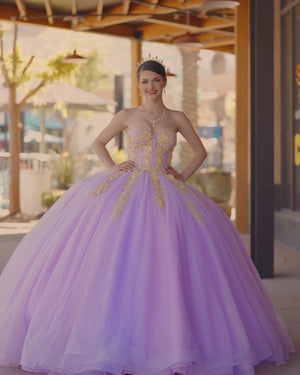 KissProm video of lilac sweetheart ball gown chapel-train quinceanera dress, showing fit, movement and design details