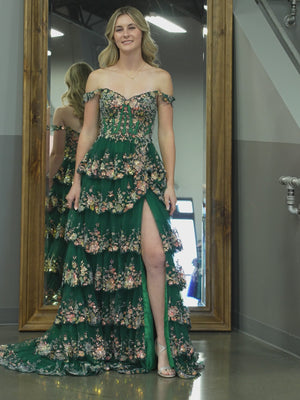 KissProm video of green sweetheart  A-line sweep-brush train dress for prom, showing fit, movement and design details
